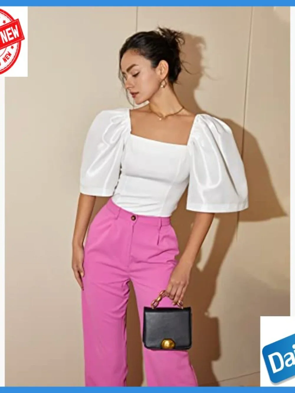 White Square Neck Puff Sleeve Crop Top Blouse Slim Fit Polyester